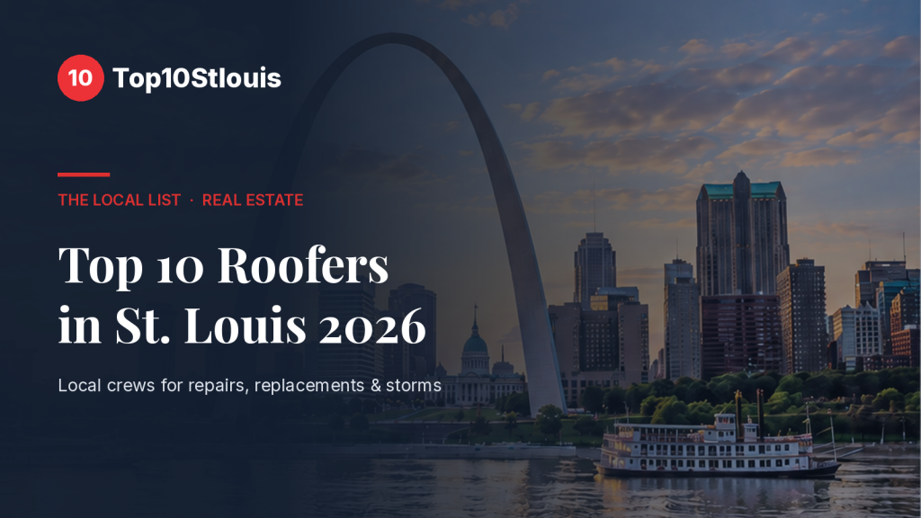 Top 10 Roofers in St. Louis 2026 featured image: the Gateway Arch and downtown skyline at dusk