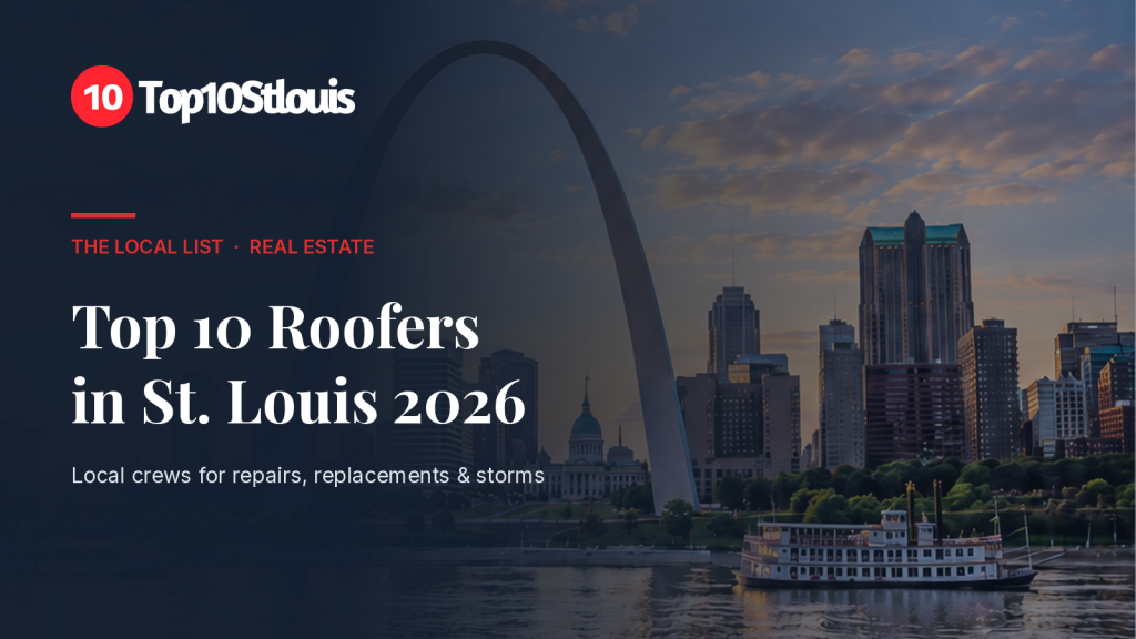 Top 10 Roofers in St. Louis 2026 featured image: the Gateway Arch and downtown skyline at dusk