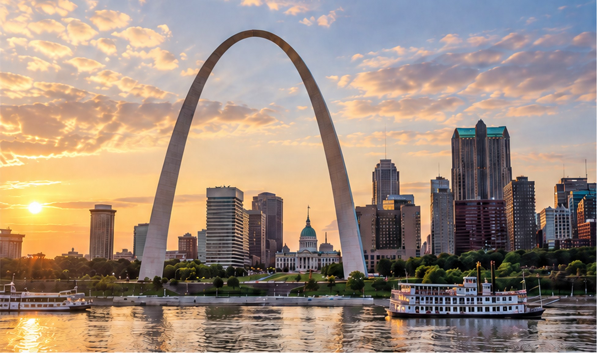 Gateway Arch and downtown St. Louis skyline at sunset over the Mississippi River