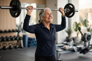 Sally Haas, an older woman, lifting a barbell overhead in a gym