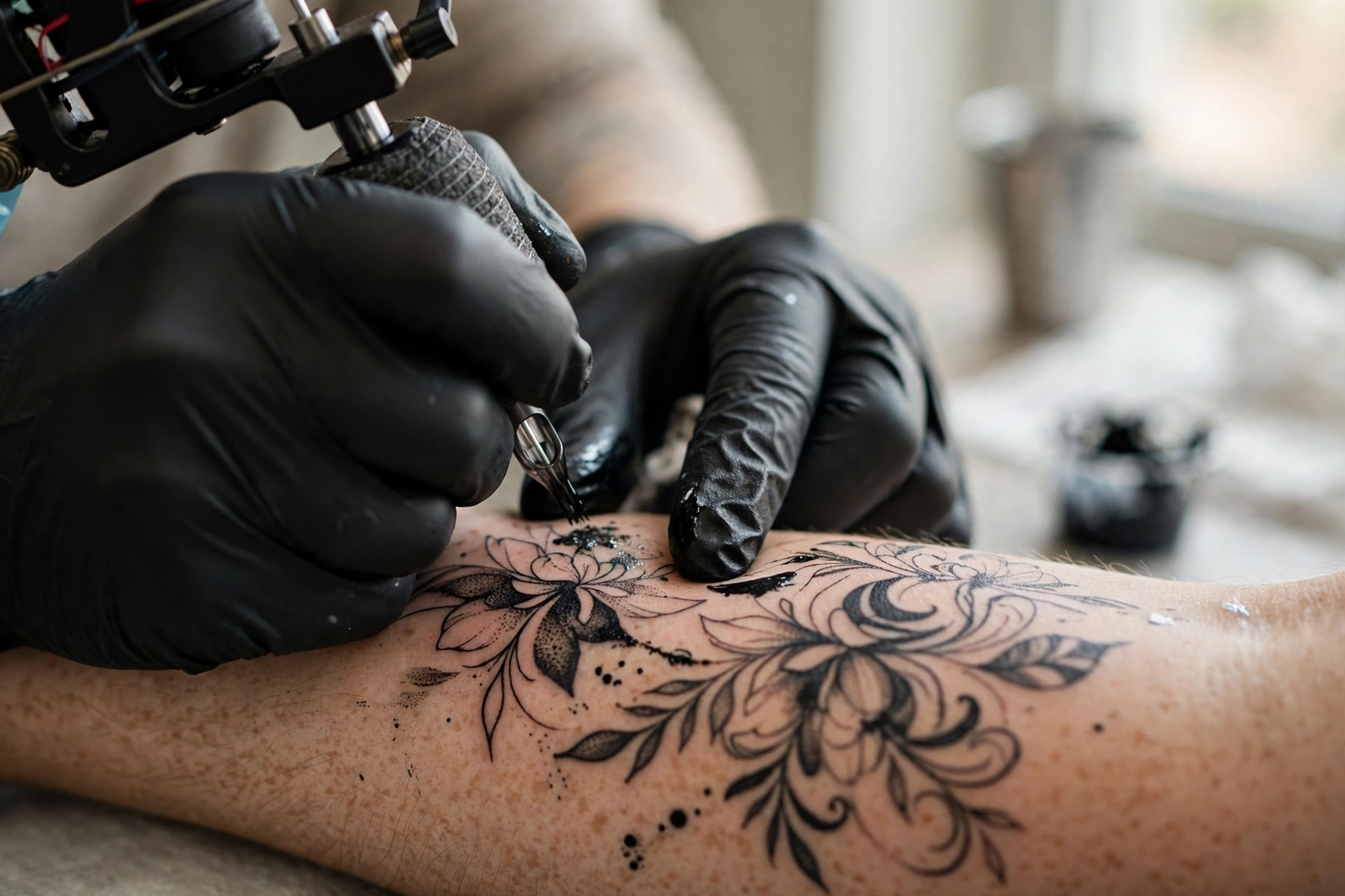 Close-up of a tattoo artist at work in a St. Louis studio
