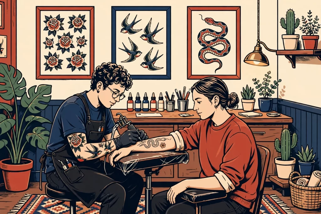 Illustration of a tattoo artist inking a client's arm in a St. Louis studio
