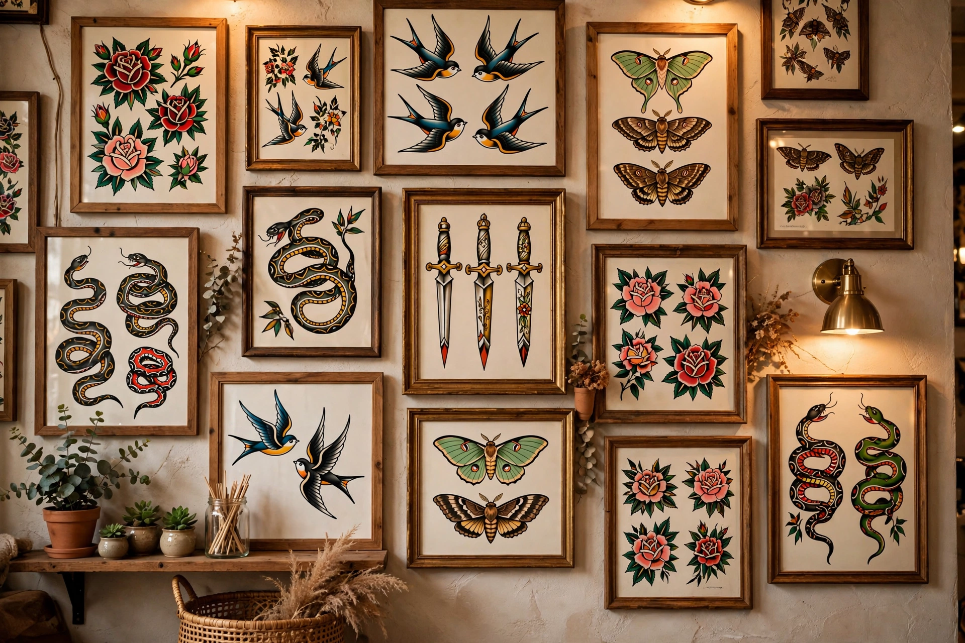 Wall of traditional tattoo flash designs in a St. Louis studio