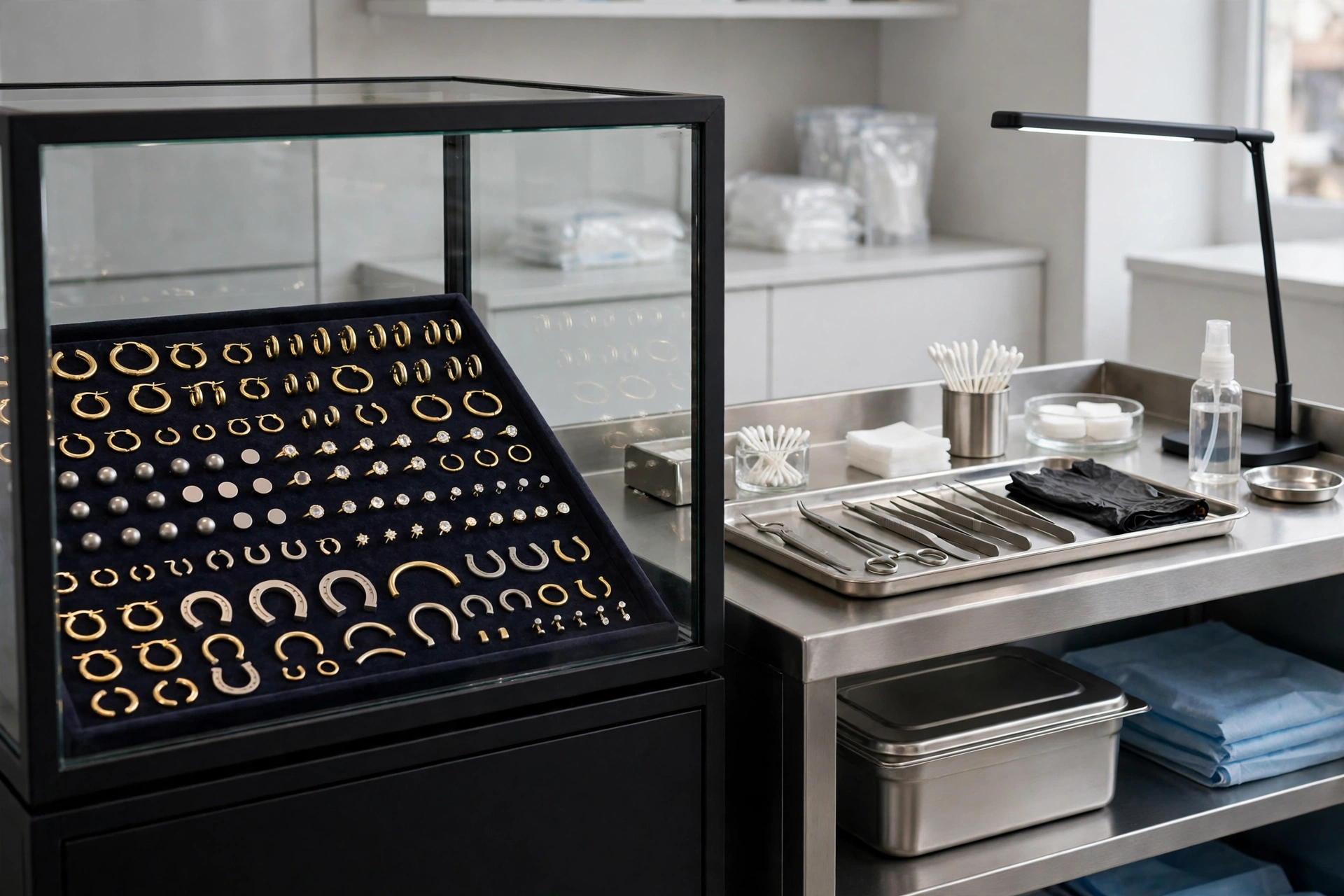 Display of piercing jewelry in a St. Louis studio