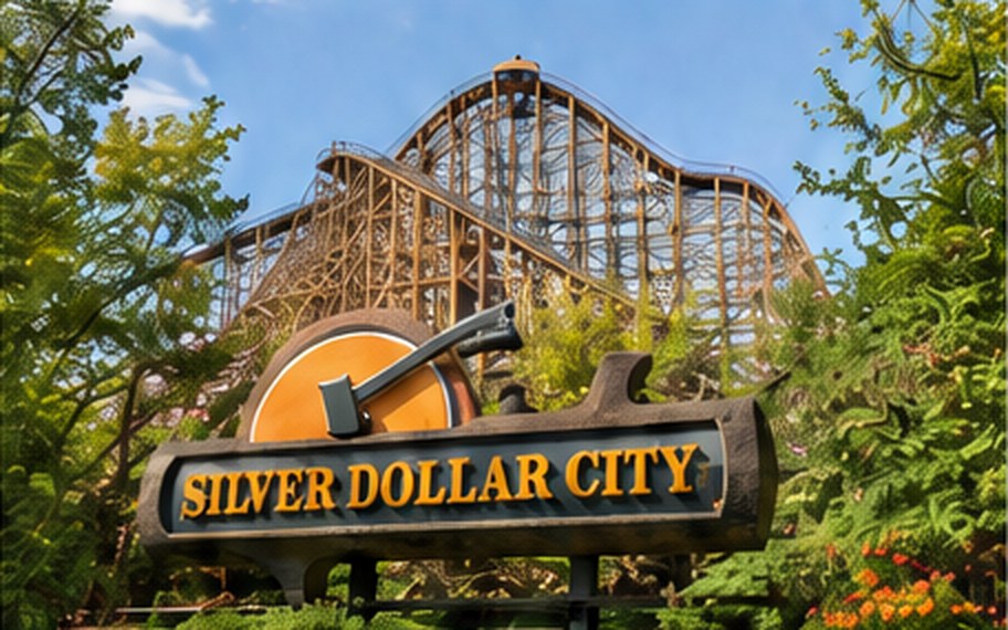 Silver Dollar City entrance sign with roller coaster