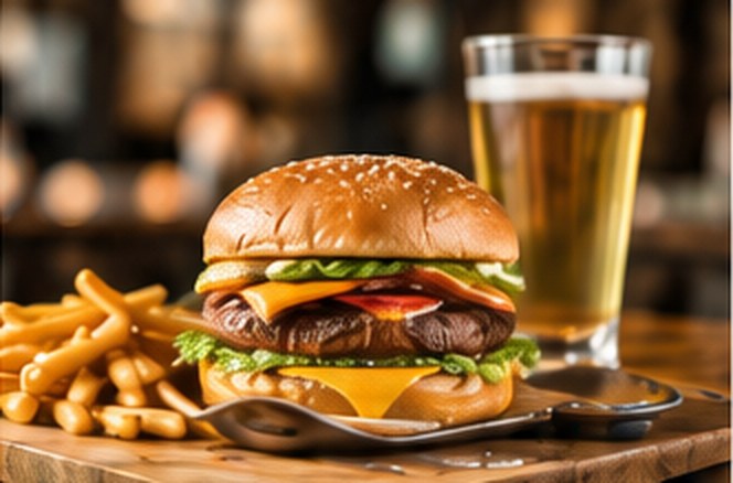 Burger, fries and a beer on a restaurant table
